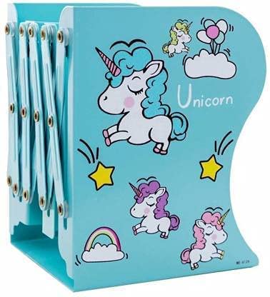 Nyra Decor Foldable Unicorn Expandable Metal Book Shelf Storage Organizer Rack for Kids,Book Shelves for Living Room Study Room,Desktop Bookcases and Shelves(Random Colour) (Blue)