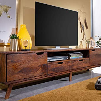 G Fine Furniture Wooden Entertainment Tv Unit for Living Room | TV Stand/Tv Cabinet with 2 Door, 2 Drawers & Shelf Storage | Solid Wood Sheesham, Brown Finish