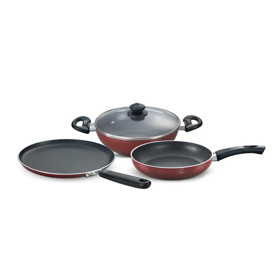 Prestige Omega Deluxe Induction Base Non-Stick Aluminium, Glass Kitchen Set, 3-Pieces, Red