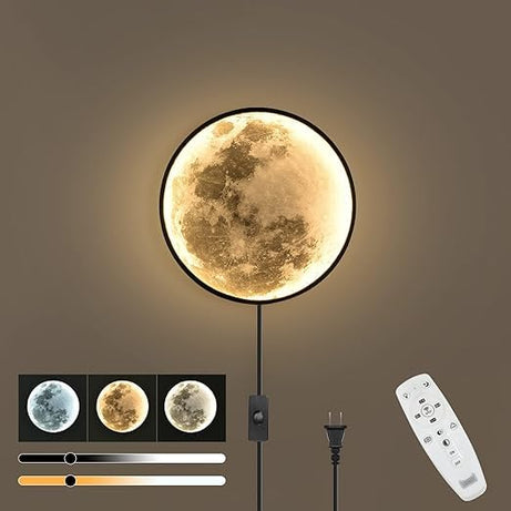 GITGRNTH Dimmable Moon Wall Sconce Plug in Modern LED Wall Light with Remote Control 9.5inch 15W Black Wall Lamp Indoor Wall Mounted Lighting Ceiling Light Fixture for Living Room Bedroom