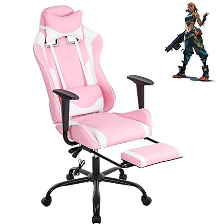 Gaming Chair High Back Computer Chair Gaming Chairs with Footrest Lumbar Support, Ergonomic Massage Game Chair PU Leather Racing Gaming Office Chair for Teens & Adults - Pink