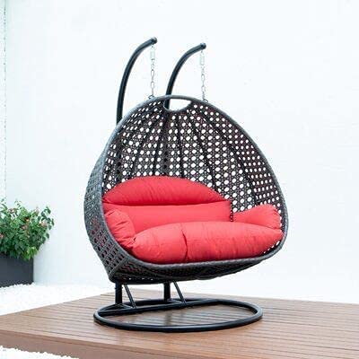 Happy Star Outdoor Furniture Double Seater Swing, Beautiful Swing with Stand (Black Swing with Red Cushion, Rattan)