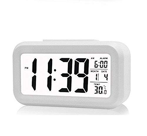 SHREE HANS FASHION Home & Kitchen Studio | Digital Smart Backlight Battery Operated Alarm Table Clock with Automatic Sensor (White)(Plastic, 1.5Wx1.6Lx2.0H inches)