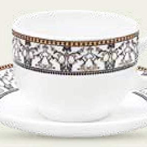 Diva by La Opala, Sovrana Collection, Opal Glass Cup & Saucer Set 12 pcs, Moroccan Gold, White