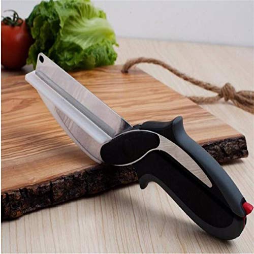 KitchenFest 2-in-1 All Type Food Chopper, Clever Cutter Stainless Steel Kitchen Knife and Cutting Board Scissors for Meat Vegetables (Black)