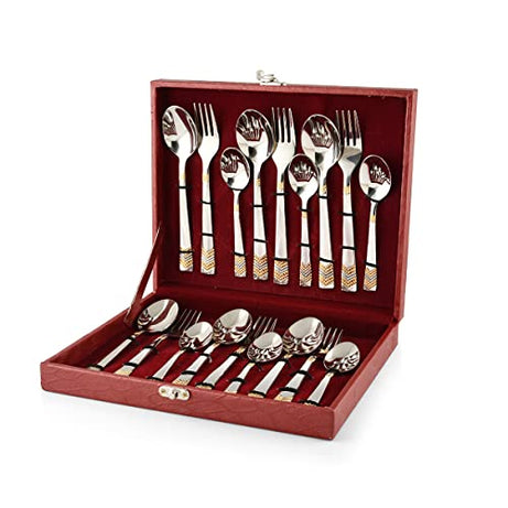 FnS RAGA 24 Karat Gold Plated 18 Pcs Cutlery Set with Leatherette Box (6 Pc Dinner Spoons, 6 Pc Dinner Fork, 6 Pc Tea Spoons) with Leatherite Box