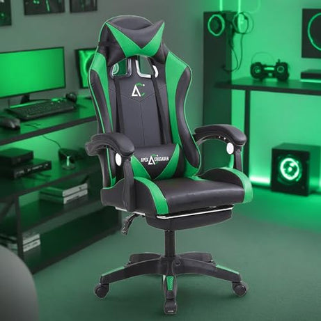 SAVYA HOME Snipe Gaming Chair with Retractable Footrest | 135° High Back Recliner | Adjustable Armrest & Headrest with Pillow | Ergonomic Computer Chair | Multifunctional Chair - Green