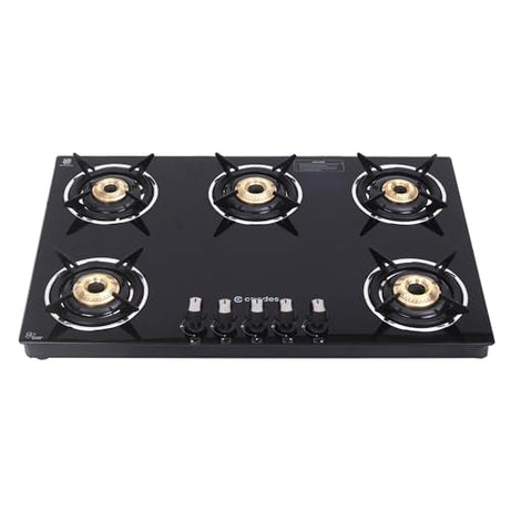 Candes 5 Burner with Premium Gas Saver Tornado Burner Gas Stove | 6mm Toughened Glass Top-Hob | Manual Ignition | Nylon Knob | LPG Compatible | ISI Certified | 1 Year Warranty | Black