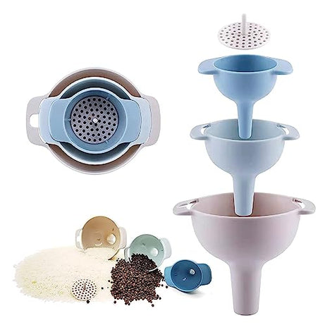 Clazkit® 3-Piece Kitchen Funnel Set - Nested Funnels with Handle, Wide Mouth Food Grade Plastic, Detachable Strainer Filter for Liquids, Dry Ingredients, and Powder