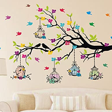 Heaven Decors -Tree Branches with Birdcage and Flower- Wall Decoration Sticker Home (ideal size on wall: 127 cm x 80 cm),Multicolour