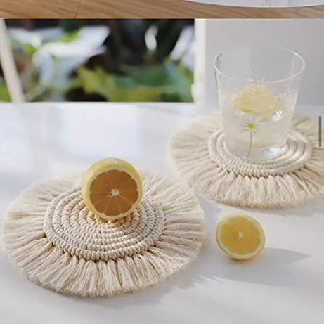 R.R.LALA Macrame Coasters,Tea Coaster, Macrame Coasters, Coffee & Tea,Round Cup Coaster Boho Coaster 4" Inches, 4 Pcs Set Circle Coaster With Frills, Housewarming Gift, Beige Color Cotton Coasters