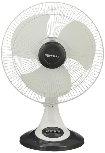 amazon basics High-Speed Table Fan I 3 Adjustable Fan Speeds | Rust Resistant Body | RPM 2100 | 400mm Sweep Length (White)