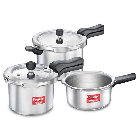 Prestige 2L+3L+5 Litres Svachh outer lid Aluminium combo Pressure Cooker with 2 Lids | Deep lid controls spillage | Gas & Induction Compatible | Safety Plug | Gasket-release system