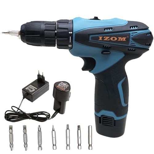 IZOM 12V Cordless Drill Machine Set 10 Pcs, 1350 RPM, 10mm Keyless Chuck, Reverse Rotation,1500Mah Battery Powered Cordless Drill machine for Home Use