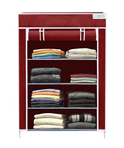 FLIPZON | 4 Shelves Baby Foldable Wardrobe | Non-Woven Fabric Shelves | Maroon, Metal, 72 Cm, 58 Cm