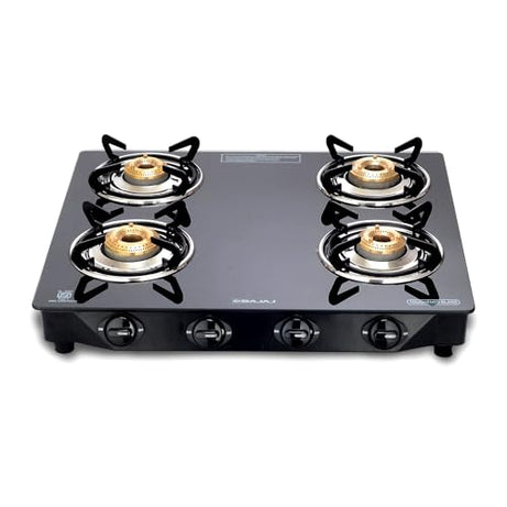 Bajaj Ultra 4 Burner Gas Stove | 6mm Toughened Glass top with Charcoal Finish Powder Coasted Frame | 4 Brass Burners | 1-Yr Warranty * by Bajaj | Black