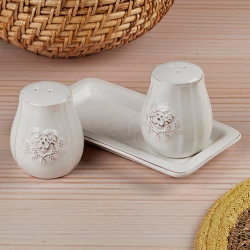 Kookee Ceramic Salt and Pepper Shakers Set with Tray for Dining Table Used as Namak Dhani, Shaker, Sprinkler, Spices Dispenser for Home, Kitchen and Restaurant, White (10656)