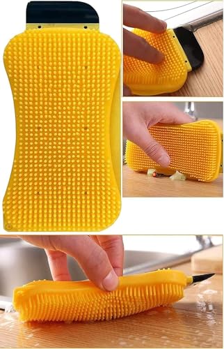 MGNLR Silicone Scrubber Cleaning Brush 3 in 1 Silicone Sponge Scrub & Scrape & Squeegee Multi-Functional Dish Cleaning Brush | Multi-Purpose Sponge for Cleaning Vegetables, Kitchen Utensils (1 Pcs)