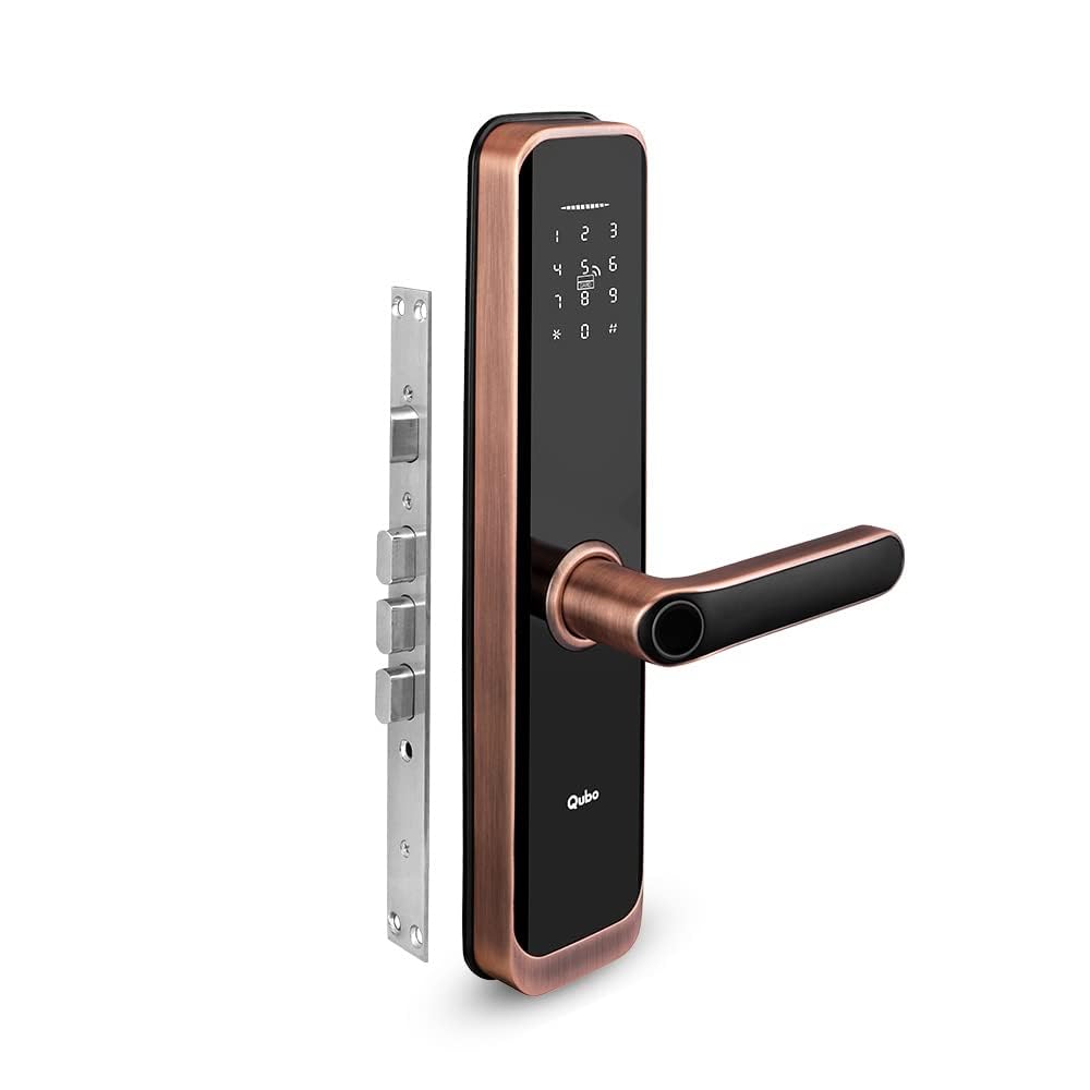 QUBO Smart Door Lock Elite from Hero Group | 6-Way Unlocking | Fingerprint | Pincode | RFID Card | Bluetooth Mobile App | Mechanical Key | OTP Access | 1 Year Brand Warranty | (Copper)