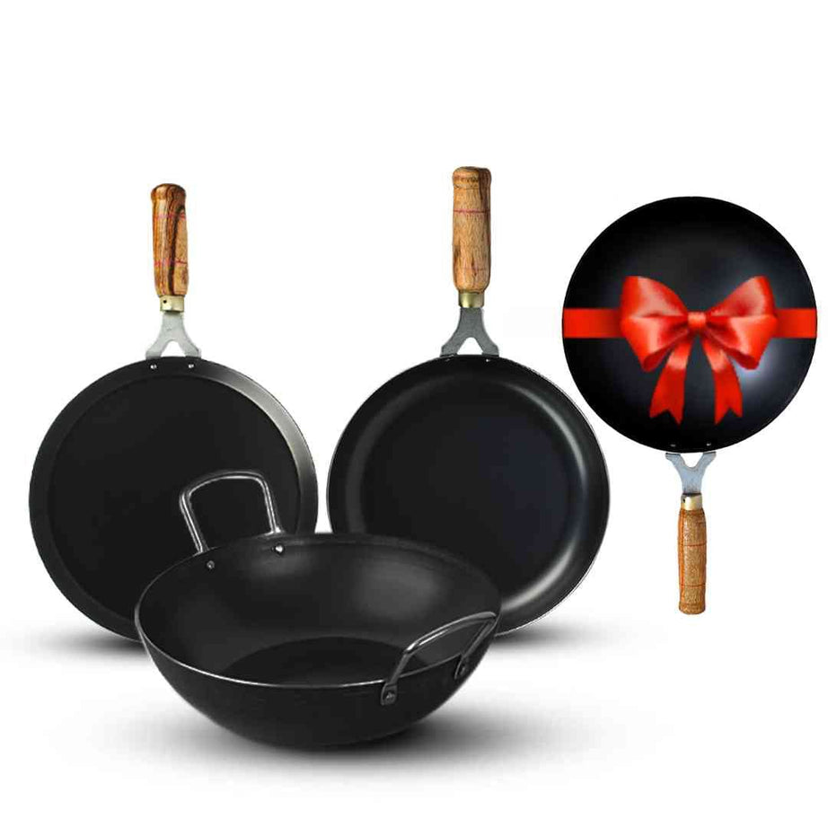 The Indus Valley Pre-Seasoned Iron Cookware Set + Free Wok (25 Cm) | Kadai (24 Cm) + Fry Pan (24 Cm) + Tawa (26 Cm) | Kitchen Cooking Combo Pots And Pans Set Of 4Pcs | Naturally Nonstick, Black