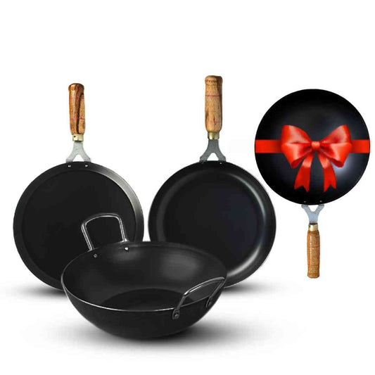 The Indus Valley Pre-Seasoned Iron Cookware Set + Free Wok (25 Cm) | Kadai (24 Cm) + Fry Pan (24 Cm) + Tawa (26 Cm) | Kitchen Cooking Combo Pots And Pans Set Of 4Pcs | Naturally Nonstick, Black