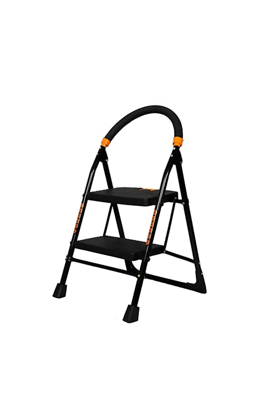 Digionics Foldable Step Ladder, Safety-Clutch Lock, Ribbed Steps, Knee Guard, Non-Marring PVC Shoes (Steel, Black & Orange) (2step-Ladder-NW)