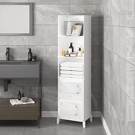 Zemic Cube Storage Organizer 5-Cube Slim Cabinet for Bathroom Shelves Plastic Storage with 5 Doors, Kitchen, Pantry, White