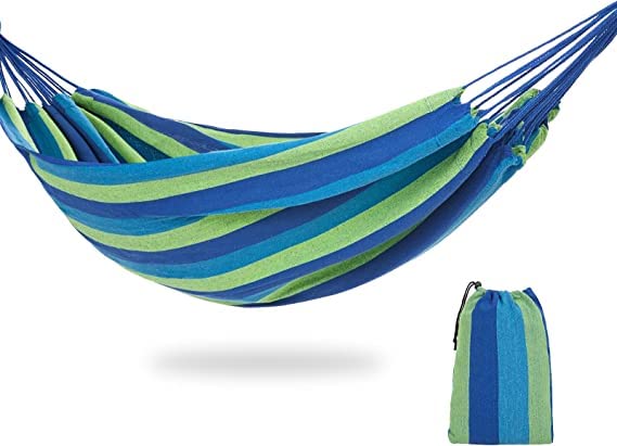 Besillia Hammock 280 * 100 cm Outdoor Cotton Large Durable Hammock Load Capacity up to 150 kg,Portable Hammocks with Carry Bag for Patio Yard Garden(1 Person, Blue)