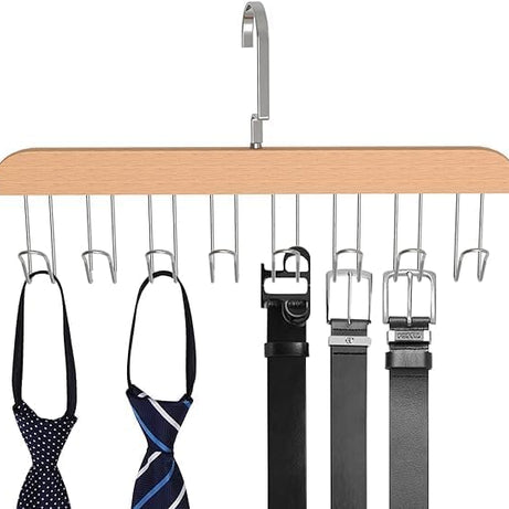 Wooden 8 Hooks Belt Organizer Wardrobe Accessory,Non-Slip Tank Top Hanger Space Saving Hanger,360° Rotatable Belt Storage Hanger Rack Space Saver for Belt, Bra, Tank Top, Tie, Scarf