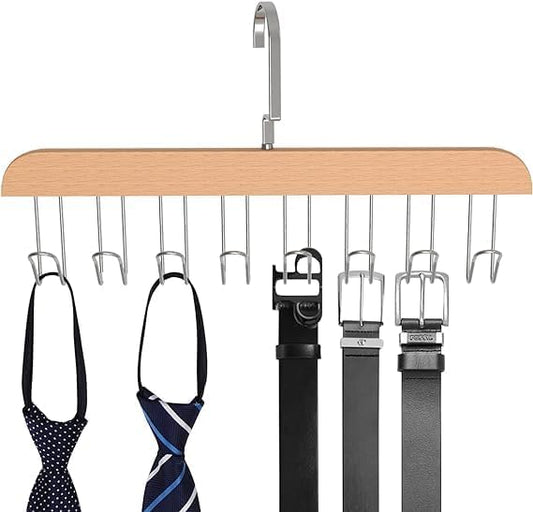 Wooden 8 Hooks Belt Organizer Wardrobe Accessory,Non-Slip Tank Top Hanger Space Saving Hanger,360° Rotatable Belt Storage Hanger Rack Space Saver for Belt, Bra, Tank Top, Tie, Scarf