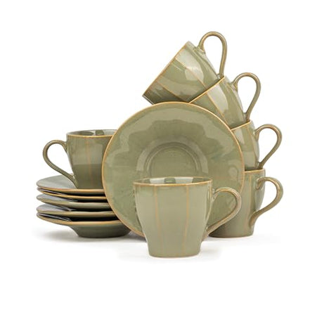 Shay Ceramic Cup and Saucer set of 6, Pista, 180ml | Cup Saucer set | 6 Cups and 6 Saucers | Glossy Finish | Tea Set | Ceramic Tea Cup and Saucer set (Line Cups & Saucers - Pista)