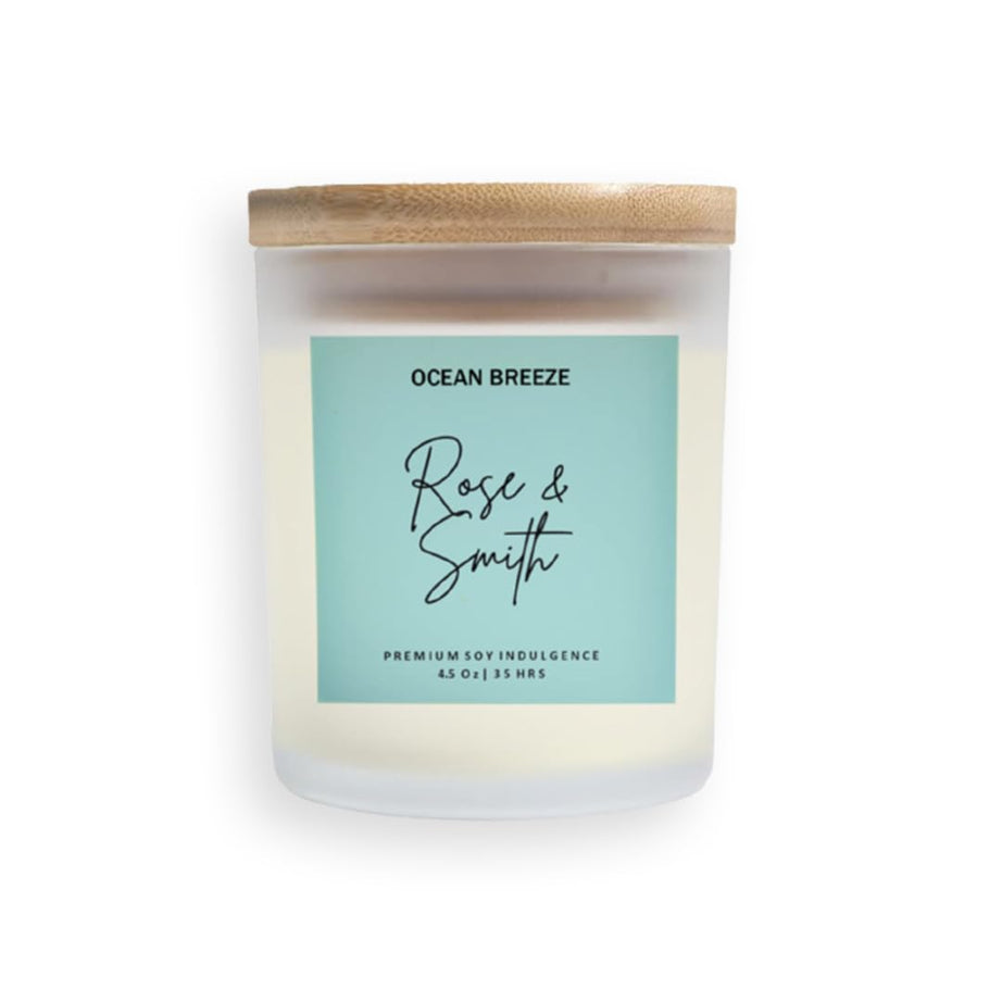 Rose & Smith Scented Jar Candle - Ocean Breeze | White Frosted Jar with Wooden Lid | Pure Soy Wax | Premium Fragrance for Gifting, Aromatherapy & Home Décor