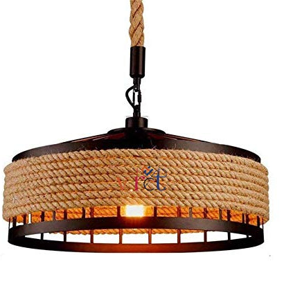 VRCT Hanging Lamp Vintage Hemp Rope Pendant Lamp Ceiling Lamp, Retro Industrial Iron Vintage Loft Ceiling Light Chandelier Rustic Hemp Rope Candlestick Pendant Lamp, Black, Round