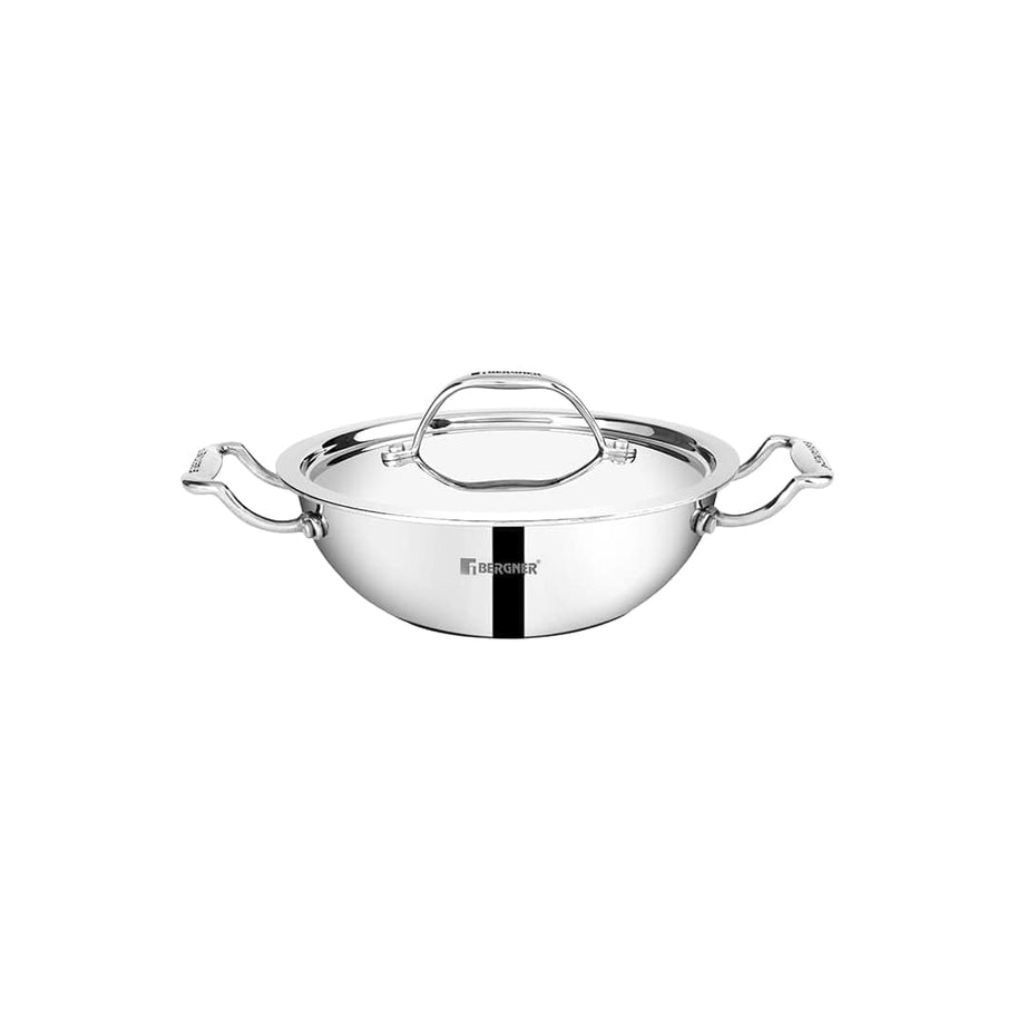 Bergner Argent Junior Chef Triply Stainless Steel 16 cm Kadai with Stainless Steel Lid, 1.1 L Kadhai/Indian Wok, Durable Cookware, Mirror Finish, Induction Base and Gas Ready, Silver, 5-Year Warranty