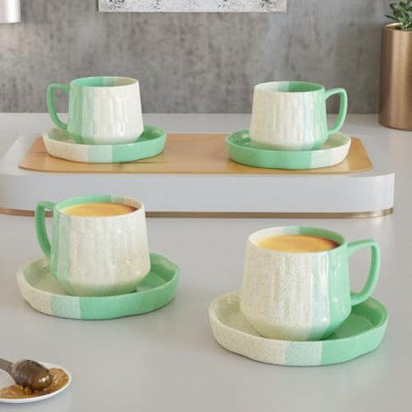 The Earth Store Tritone Green Mellowline Tea Cup with Saucer Set of 4-180ml Each Capacity, Microwave and Dishwasher Safe, Ideal for Every Celebration