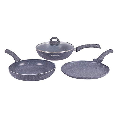 Wonderchef Granite Nonstick 4 Piece Cookware Set(Frying Pan with Lid, Wok, Dosa Tawa), Induction Bottom, Soft-Touch Handles, Pure Grade Aluminium, PFOA, 3.5mm, 2 Years Warranty (Grey)