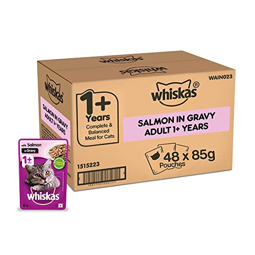 Whiskas Wet Food For Adult Cats (1+Years), Salmon In Gravy Flavour, 48 Pouches (48 X 85G), 1 Count