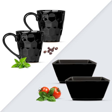 The Earth Store Black Diamond 2 Coffee Mug/Tea cup and 2 Square Ceramic Snack Bowls for Serving Nuts, Dry Fruits, Desserts, Cereal, Ice Cream, Microwave Safe Small Snacks Serving Set of 4