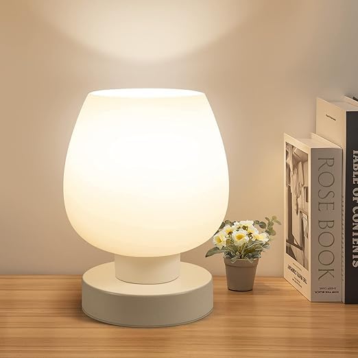 Mahganya Bedsite Dimmable Small Nightstand Lamp for Bedroom, Modern Desk lamp with White Glass Lampshade