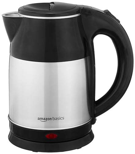 Amazon Basics Electric Kettle 1400 Watts 1.8 litres with Auto-Shut Off | Stainless Steel Inner Body with Cool-Touch Handle and lid | Swivel-Base, Power Indicator (Black and Silver)