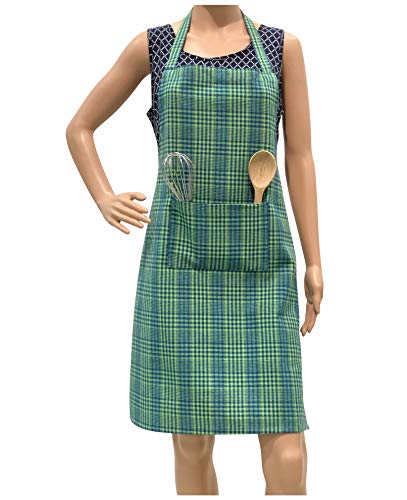 PIXEL HOME DECOR Green Stripe Cotton Apron With Front Center Pocket With Ends For Kitchen, Restaurent, Chef, Housewife