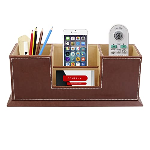 Anything & Everything Wooden Desk Organizer Pen/Pencil Stand, Mobile Holder & Remote Stand For Office Desk/Desktop/Table Stationery Storage Organizer Box (Tan), Orange