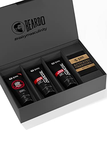 Beardo Charcoal 4-in-1 Giftset for Men | Complete Face & Body kit, pack of 4 (Facewash, Peel-off mask, Scrub, Soap) | Best Gift For Men | Gift for Husband