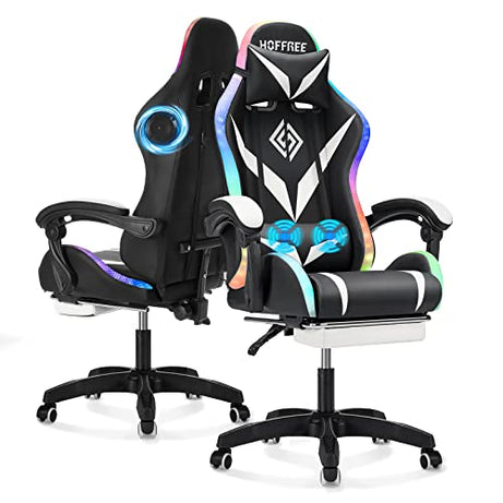 Gaming Chair with Bluetooth Speakers and RGB LED Lights Ergonomic Massage Computer Gaming Chair with Footrest Video Game Chair High Back with Lumbar Support White and Black