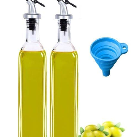 Nirency 2pc 500ml Glass Oil Dispenser Bottle with Silicon Funnel, Oil & Vinegar Bottle For Kitchen (2 Pieces Oil Bottle + 1 Piece Silicone Funnel)