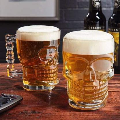 HOME CRAF Glass Classic Skull Shape Design Beer Mug (Transparent, 540 ml, Set of 2)