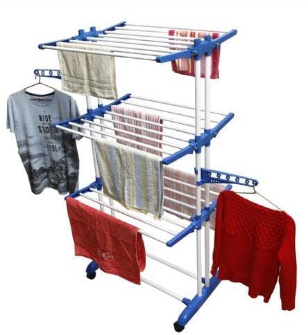 Dervino Alloy Steel Prince White Double Pole 3 Layer Clothes Drying Stand | Foldable Cloth Drying Stand | White & Blue | Large |