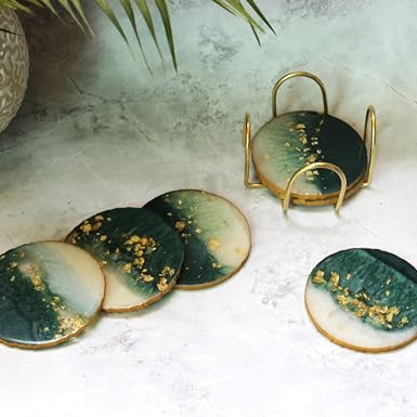 Monstera Hut Round Emerald Green White Resin Coaster| 4 Inch |Set of 6 | Resin Coaster for Tea, Coffee Table & Dining Table with Metal Holder