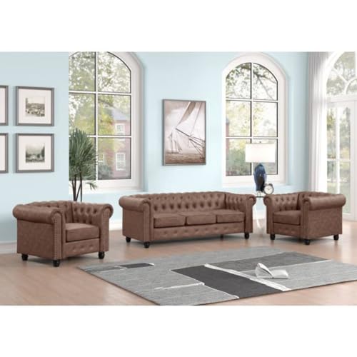 HAVEN CRAFT - ound Arm 3+1+1 Modern Tuffted Velvet Designer Sofa Set for Living Room Bedroom Office (Brown Leatherette)