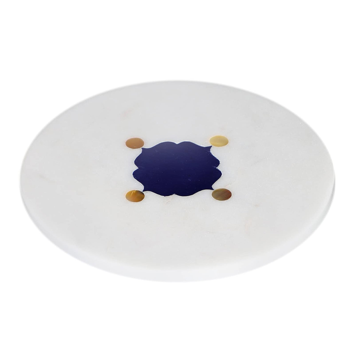 NikkisPride White Marble Trivet Large Size Coaster Semi-Precious Stone Inlay Handwork, Cookie Server 6 inch Diameter Platter